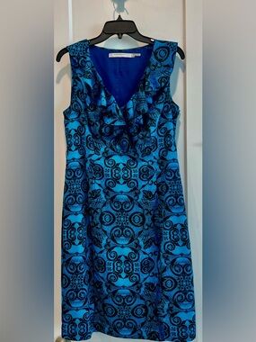 Andrew Marc Blue and Black Patterned Ruffle-Front Midi Dress